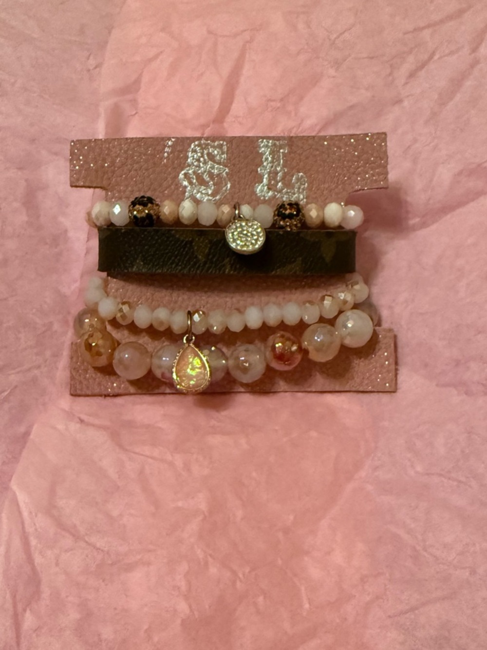 Stacked Pink Beaded Bracelet Set with Gold Accents